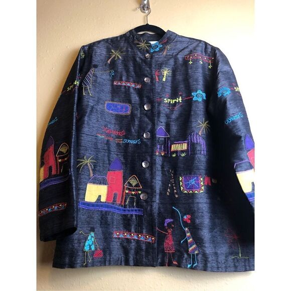 Chico's Design Button Up Jacket Embordered Long Sleeve Women's Silk SZ 2 - Picture 2 of 15